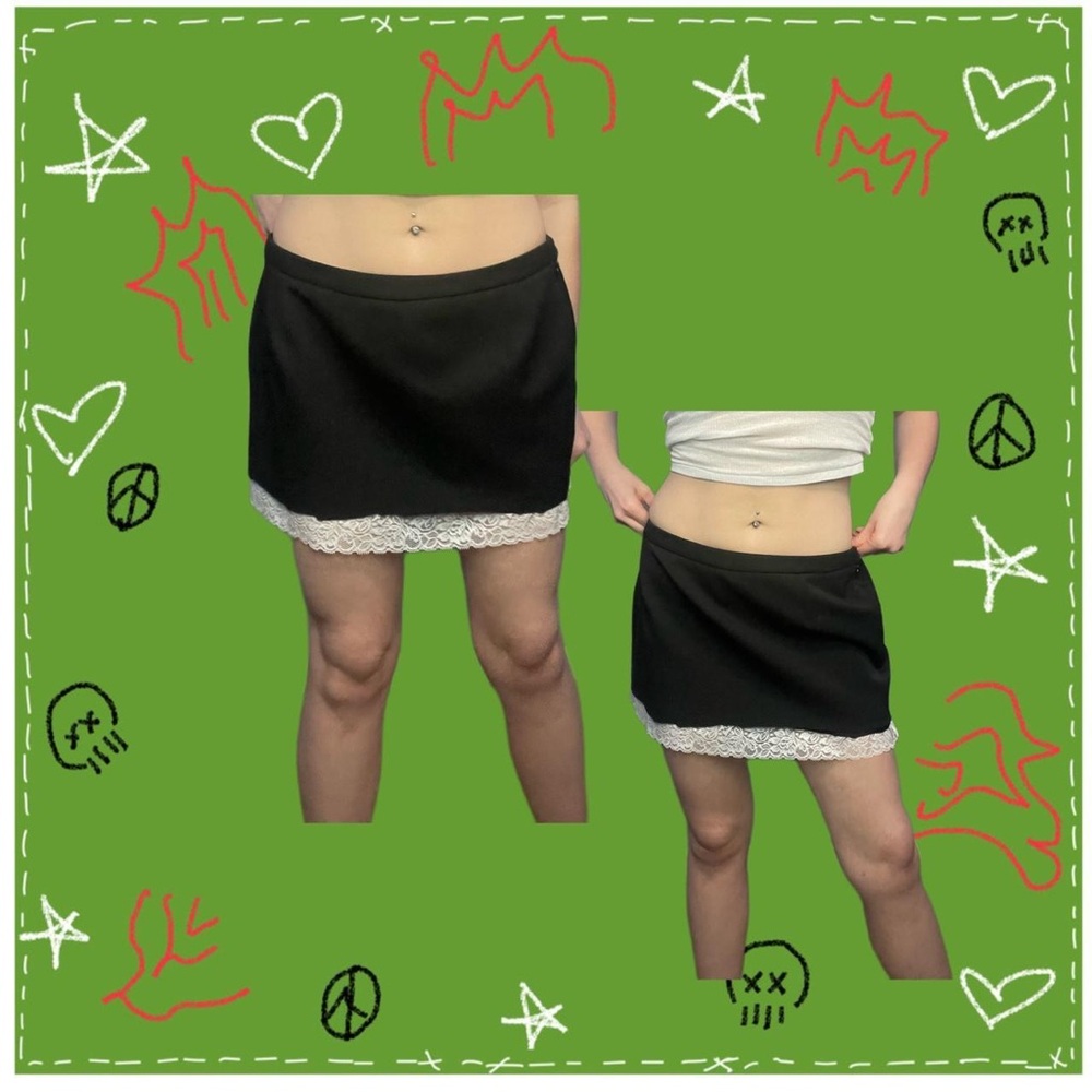 upcycled black skirt with lace trim